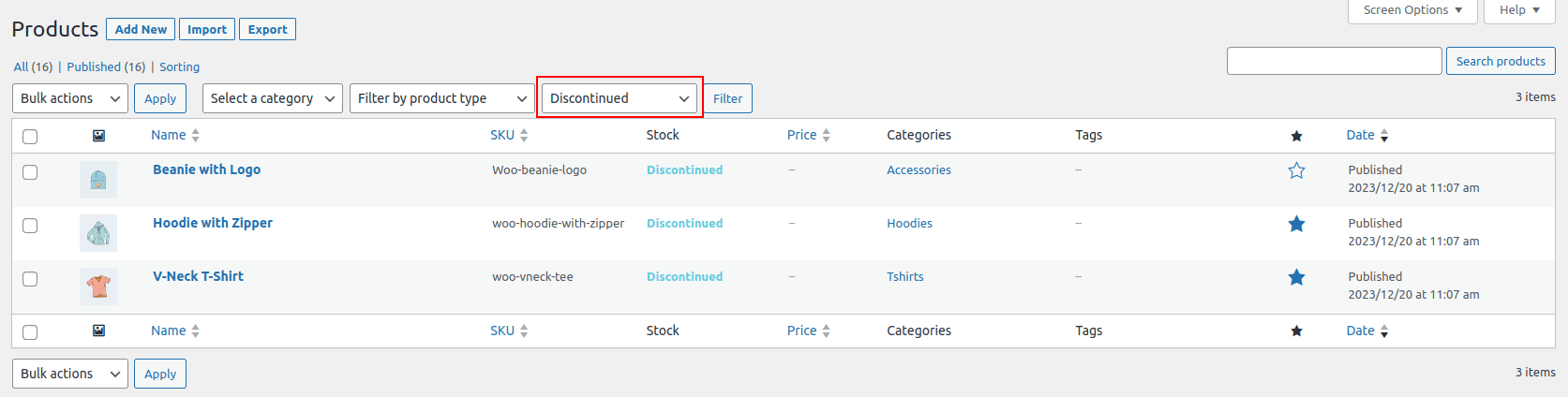 Filtered Discontinued Products