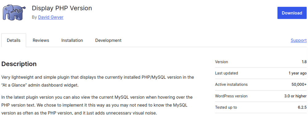Display PHP Version plugin
