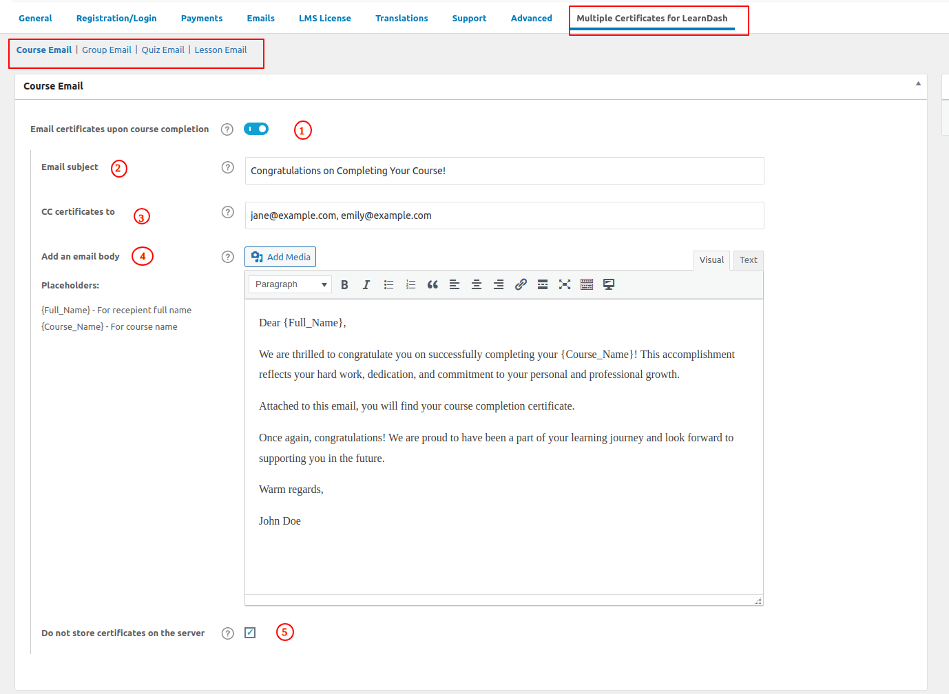 Email certificate settings