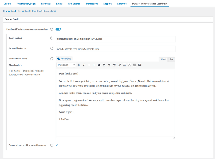 Course Certficates Email Setting